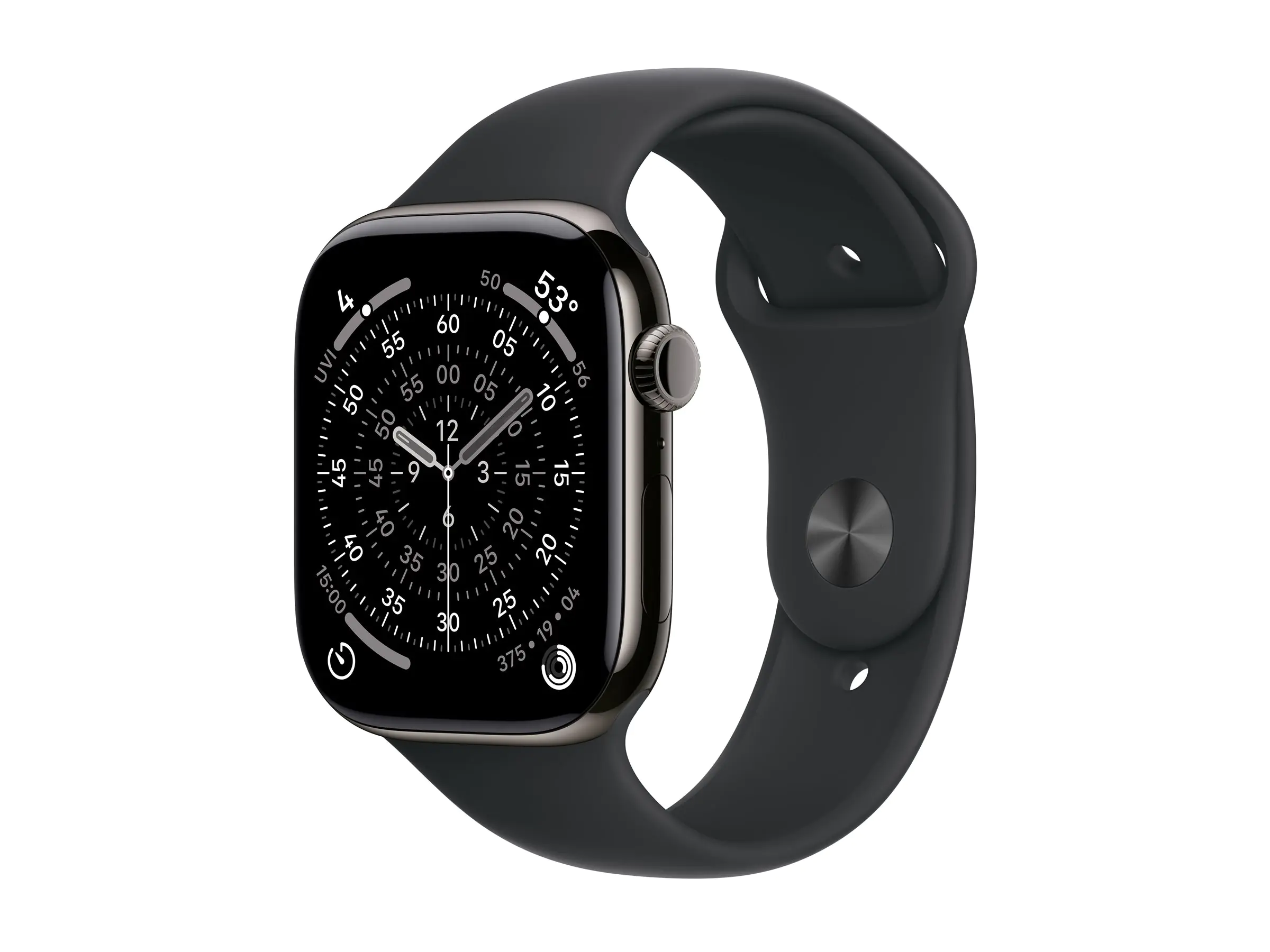 Apple Watch Series 11 (GPS + Cellular) - 46 mm - Schiefertitan - intelligente Uhr mit Sportband - Flouroelastomer - schwarz - Bandgröße: S/M - 64 GB - LTE, Wi-Fi 4, UWB, Bluetooth - 5G - 43.1 g