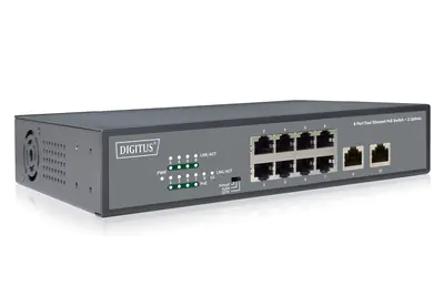 Digitus DN-95323-1 - Switch - unmanaged - 8 x 10/100 (PoE+) + 2 x 10/100 (Uplink) - Desktop - PoE+ (120 W)