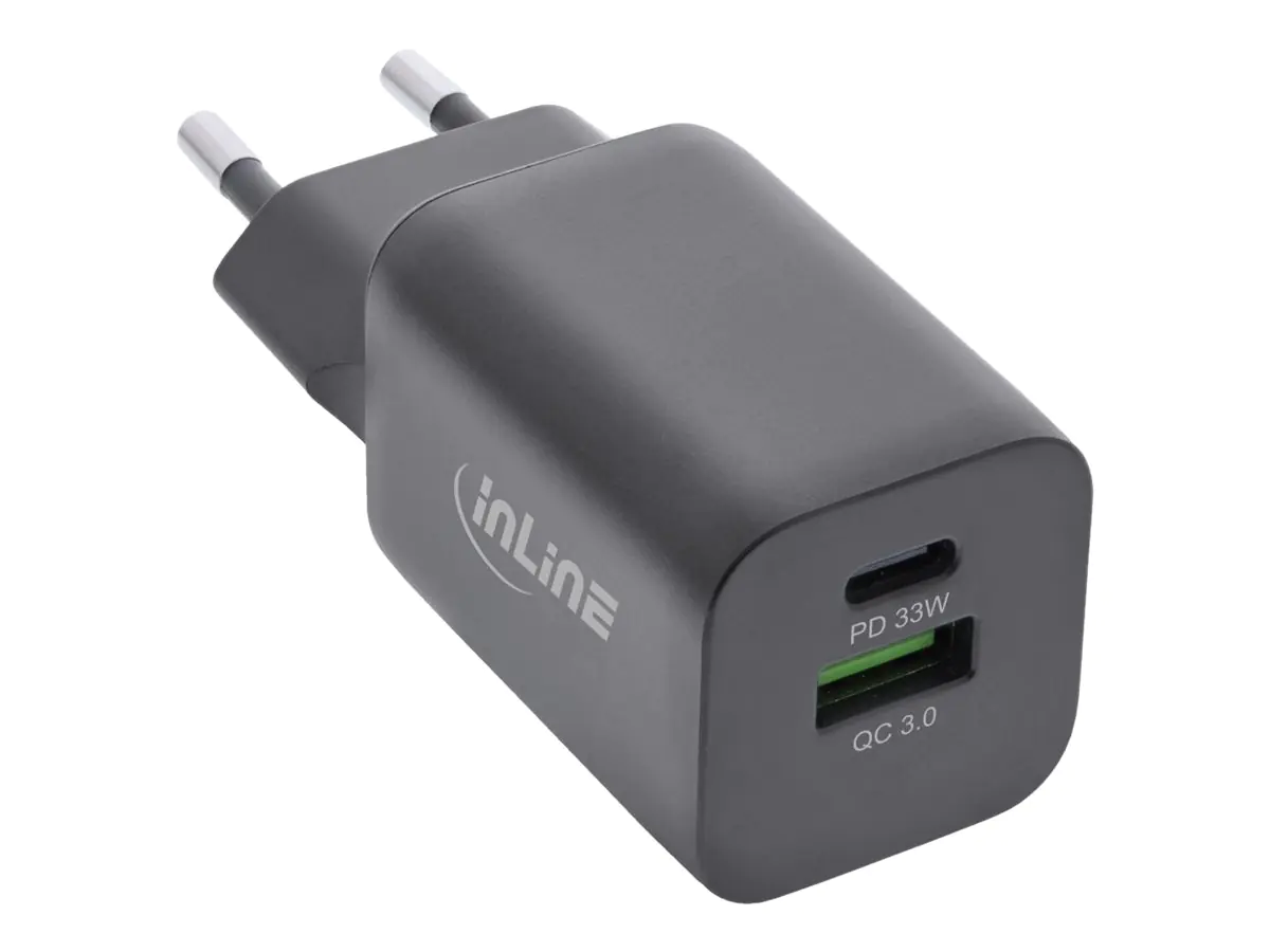 InLine - Netzteil - 33 Watt - 3 A - PD 3.0, QC 3.0 - 2 Ausgabeanschlussstellen (USB, 24 pin USB-C) - Schwarz