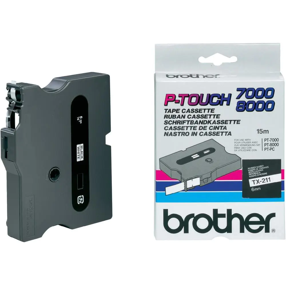 Brother TX211 - Schwarz auf Weiß - Rolle (0,6 cm x 15 m) 1 Kassette(n) laminiertes Band - für P-Touch PT-7000, PT-8000, PT-PC