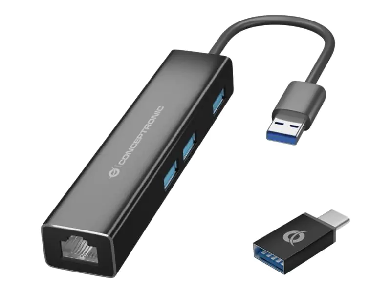 Conceptronic DONN07BA - Hub - 3 x SuperSpeed USB 3.0 + 1 x 10/100/1000 - Desktop