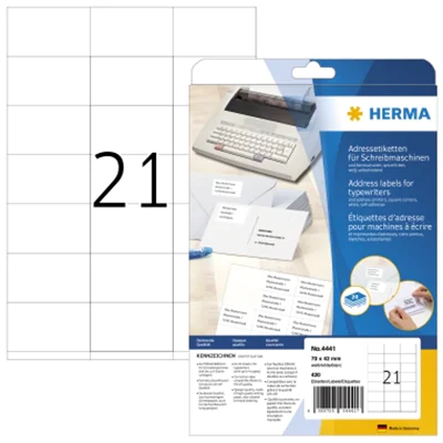 HERMA Adressetiketten für Schreibmaschinen A4 70x42 mm Papier matt Ecken spitz 420 St., Weiß, Papier, Matte, 7 cm, 4,2 cm, 20 Blätter 4441