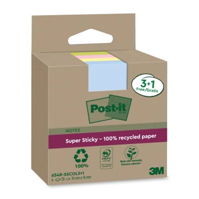 Post-it® Haftnotiz Recycling Notes Super Sticky 76 x 76 mm (B x H) je 1 x blau, grün, pink, gelb 70 Bl./Block 4 Block/Pack.