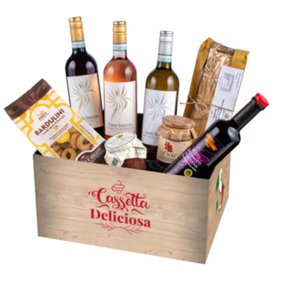 Präsentkorb Cassetta Deliciosa gefüllt Holz braun