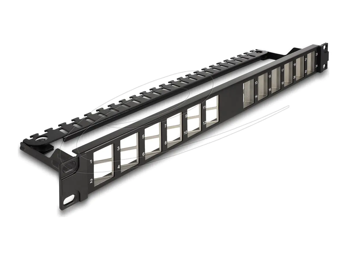 Delock Patchpanel (Blindblech) - abgewinkelt, mit Zugentlastung - Rack montierbar - Schwarz - 1U -