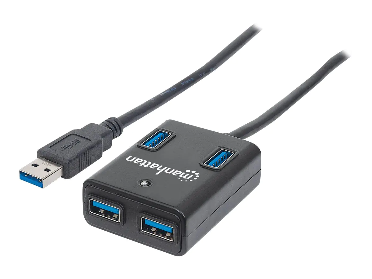Manhattan USB-A 4-Port Hub, 4x USB-A Ports, 5 Gbps (USB 3.2 Gen1 aka USB 3.0), Bus Power, Fast charging x1 Port up to 0.9A or x4 Ports with power jack (not included), SuperSpeed USB, Black, Three Year Warranty, Blister - Hub - 4 x SuperSpeed USB 3.0