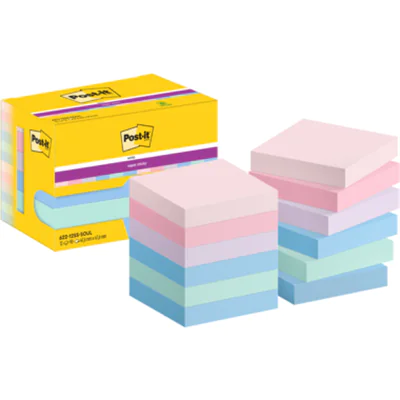 Post-it Haftnotiz Super Sticky Notes Soulful Collection 47,6 x 47,6 mm (B x H) je 2 x rosa, flamingopink, flieder, mint, 4 x denimblau 90 Bl./Block 12 Block/Pack.