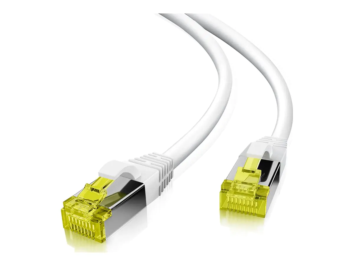 Helos - Patch-Kabel - RJ-45 (M) zu RJ-45 (M) - 7.5 m - 6 mm - SFTP, PiMF - CAT 7 (Kabel) / CAT 6a (Anschlüsse) - geschirmt, halogenfrei, geformt, ohne Haken, verseilt, Knickschutzmanschette - weiß