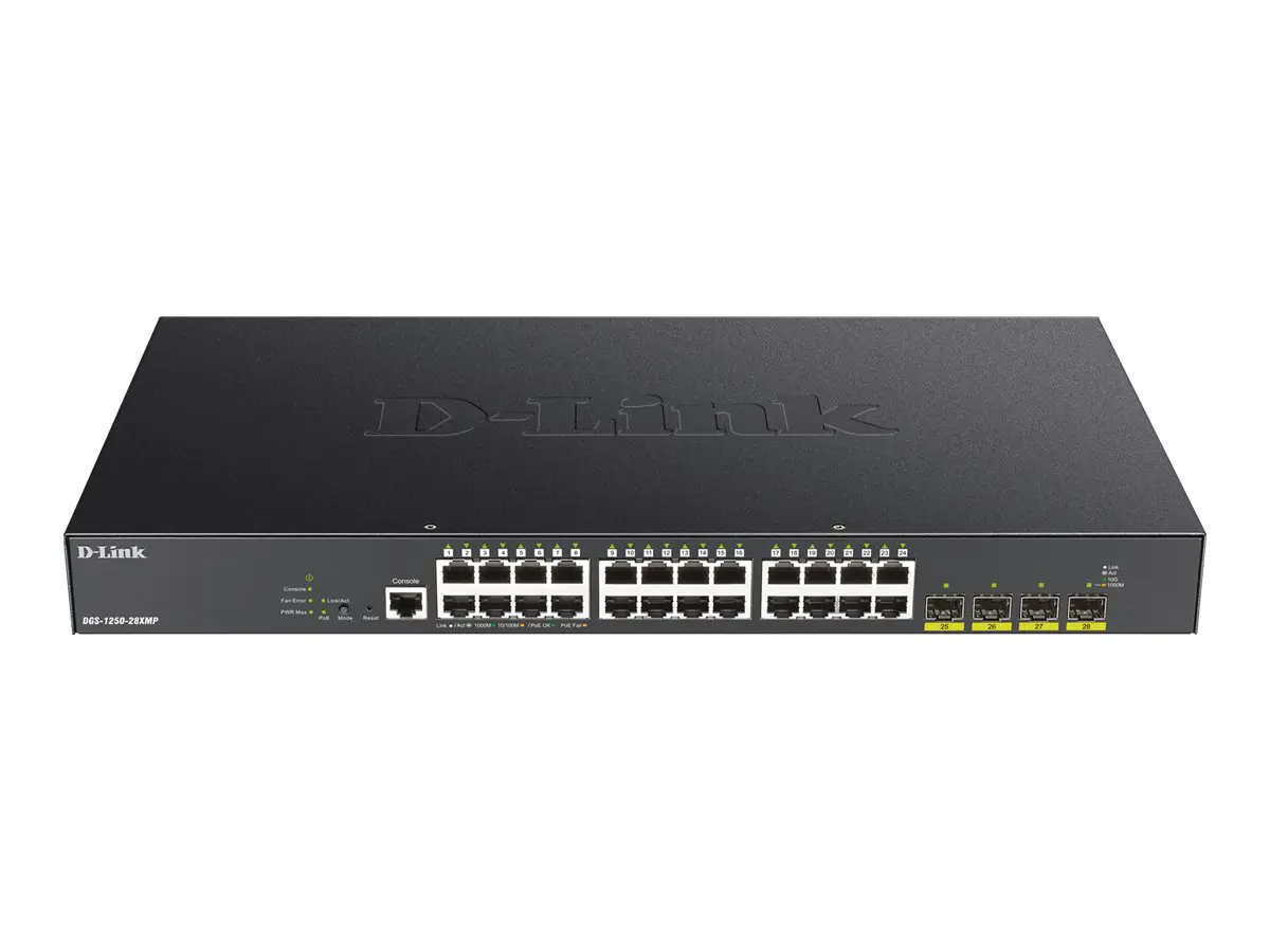D-Link DGS 1250-28XMP - Switch - L3 Lite - Smart - 24 x 10/100/1000 (PoE) + 4 x 10 Gigabit SFP+ - an Rack montierbar - PoE (370 W)