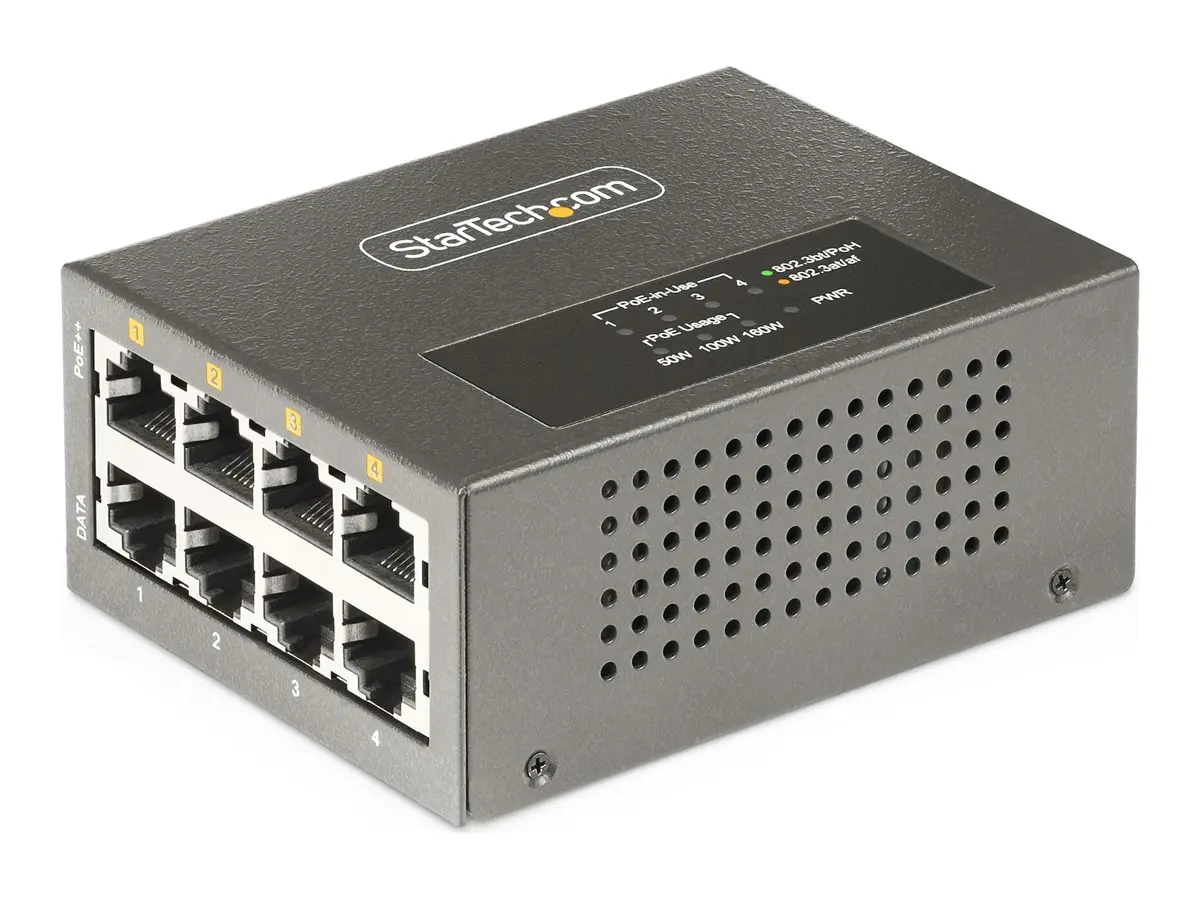 StarTech 4-Port Multi-Gigabit PoE++ Injector, 5/2.5G Ethernet (NBASE-T), PoE/PoE+/PoE++ (802.3af/802.3at/802.3bt), 160Watts Power Budget, Wall/DIN Rail Mountable - Unmanaged, For IP Cameras/Wireless APs/POSs (AS445C-POE-INJECTOR) - Power Injector (montier