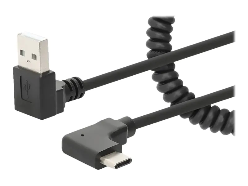 Manhattan USB-C to USB-A Cable, 1m, Male to Male, Black, 480 Mbps (USB 2.0), Tangle Resistant Curly Design, Angled Connectors, Ideal for Charging Cabinets/Carts, Hi-Speed USB, Lifetime Warranty, Polybag - USB-Kabel - USB (nur Strom) (M) gewinkelt zu USB-C