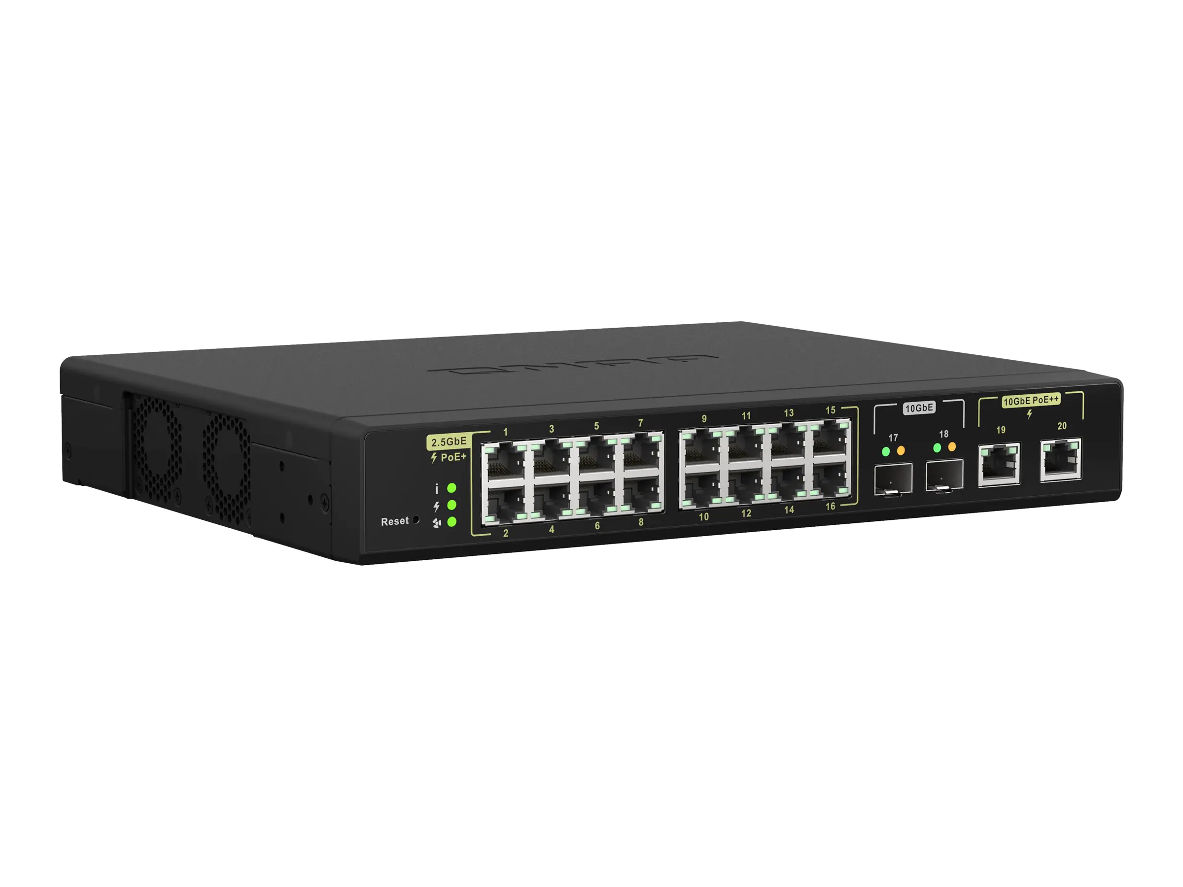 QNAP QSW-M2116P-2T2S - Switch - managed - 16 x 100/1000/2.5G (PoE+) + 2 x 10 Gigabit SFP+ + 2 x 100/1000/2.5/5/10G (PoE++) - Desktop, an Rack montierbar - PoE++ (280 W)