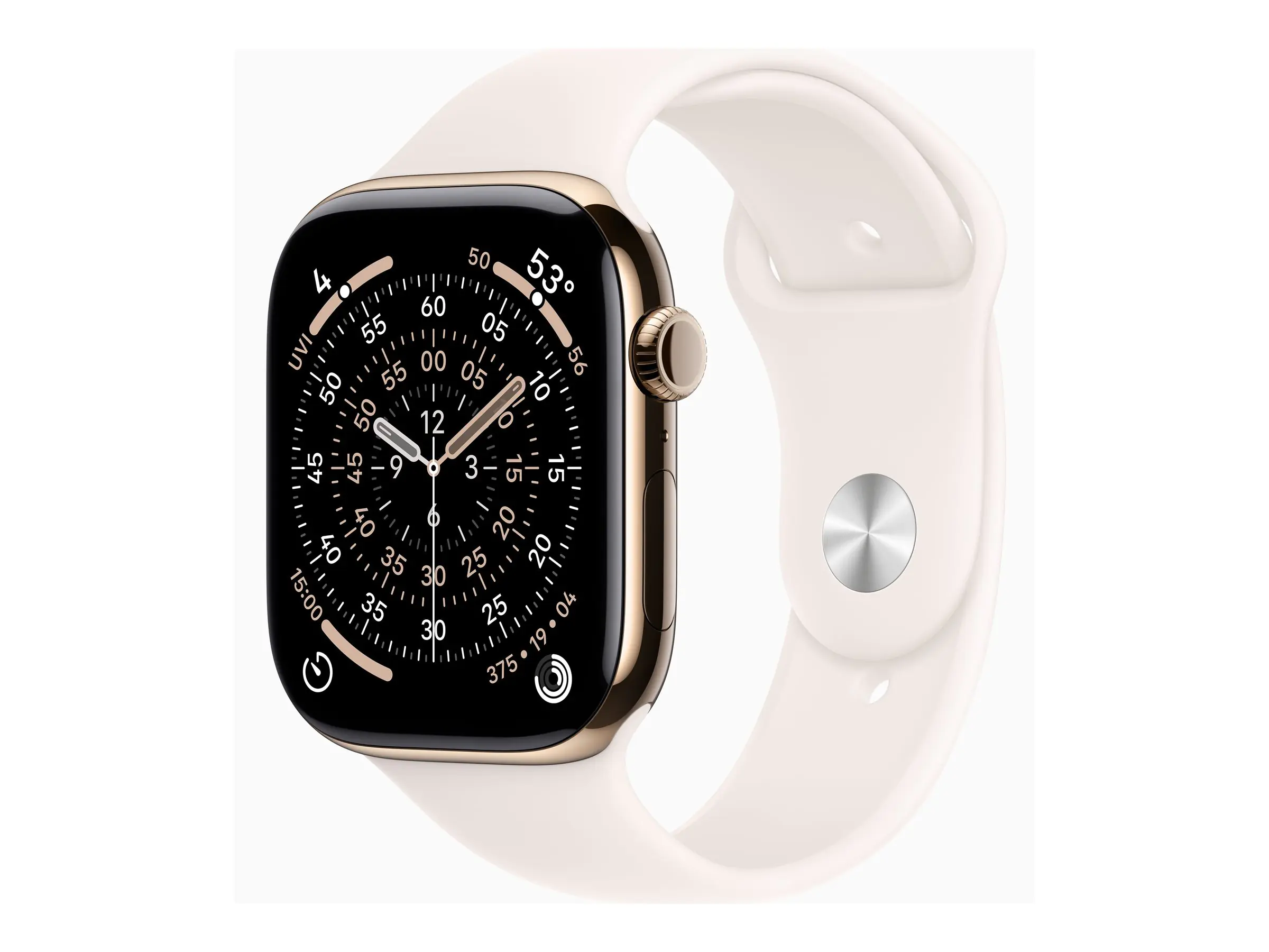 Apple Watch Series 11 (GPS + Cellular) - 46 mm - Gold Titan - intelligente Uhr mit Sportband - Flouroelastomer - hellrosa - Bandgröße: S/M - 64 GB - LTE, Wi-Fi 4, UWB, Bluetooth - 5G - 43.1 g