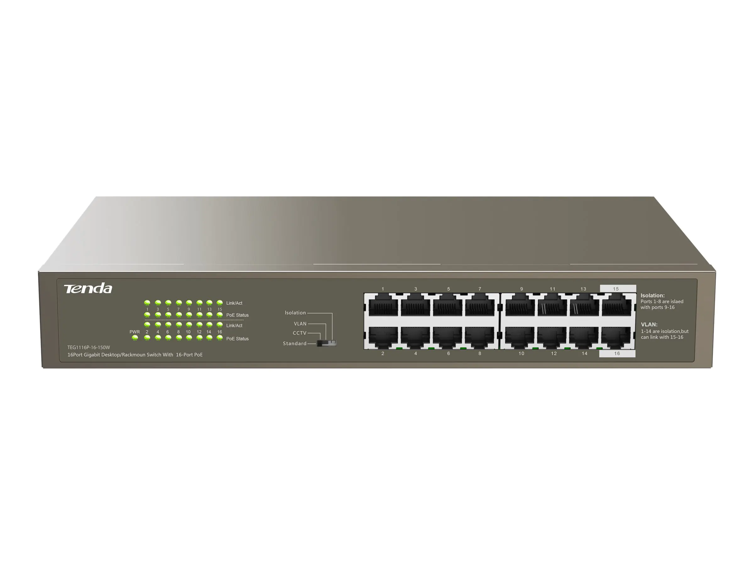 Tenda TEG1116P-16-150W - Switch - unmanaged - 16 x 10/100/1000 (PoE) - Desktop, an Rack montierbar - PoE (135 W)