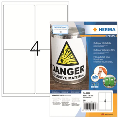 HERMA 9539, Weiß, Rechteck, A4, Polyethylen, Matte, Laser