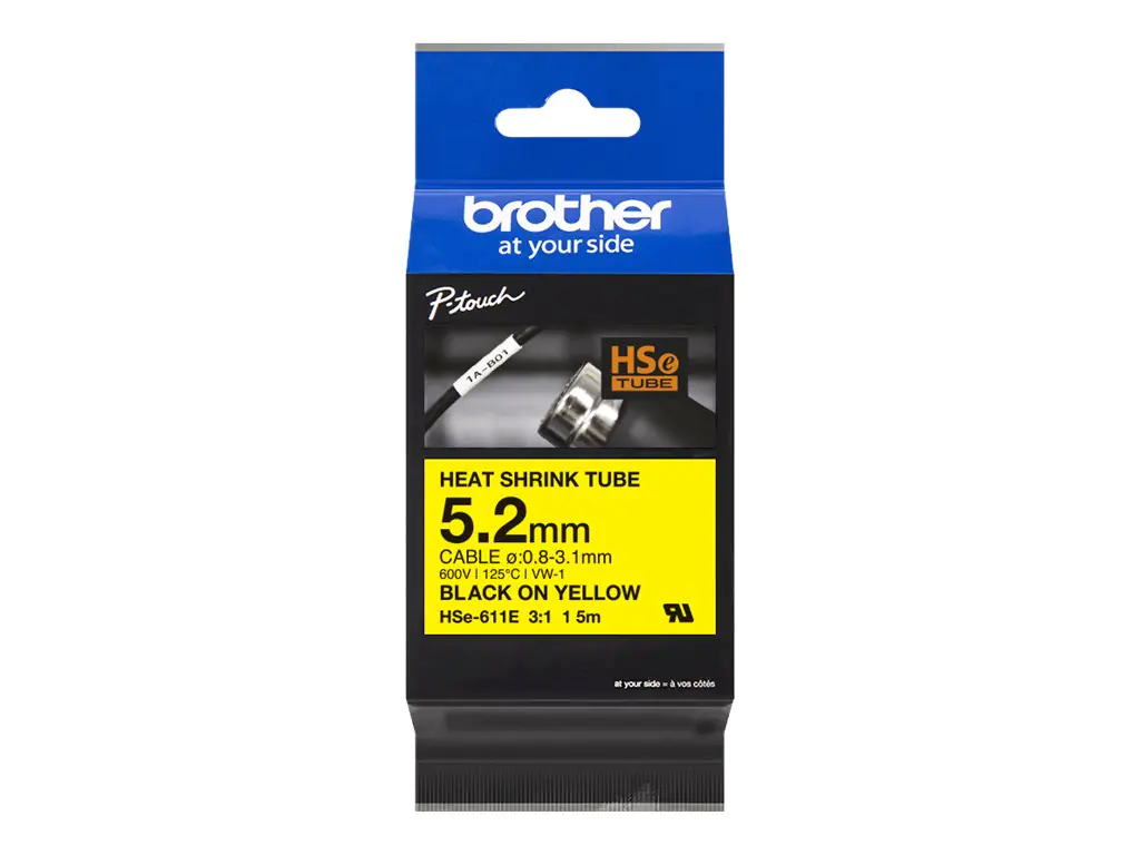 Brother HSe-611E - Schwarz auf Gelb - Rolle (0,52 cm x 1,5 m) 1 Kassette(n) Hängebox - Schrumpfschlauch-Band - für P-Touch PT-D800, PT-E300, PT-E310, PT-E550, PT-P700, PT-P750, PT-P900, PT-P950