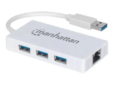 Manhattan USB-A 3-Port Hub with Gigabit Ethernet Adapter, 3x USB-A Ports, 5 Gbps (USB 3.2 Gen1 aka USB 3.0), 1x Ethernet 10/100/1000Mbps network, RJ45, SuperSpeed USB, White, Three Year Warranty, Blister - Hub - 3 x SuperSpeed USB 3.0 + 1 x 10/100/1000 -