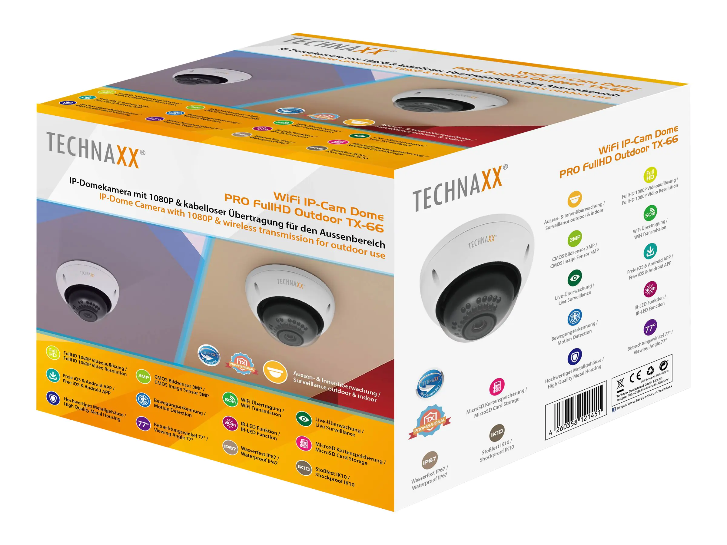 Technaxx TX-66 - Netzwerk-Überwachungskamera - Kuppel - Außenbereich - staubdicht/wasserdicht/vandalismusresistent - Farbe (Tag&Nacht) - 3 MP - 2048 x 1536 - Platinenhalterung - feste Brennweite - drahtlos - Wi-Fi - LAN 10/100 - MJPEG, H.264 - DC 12 V