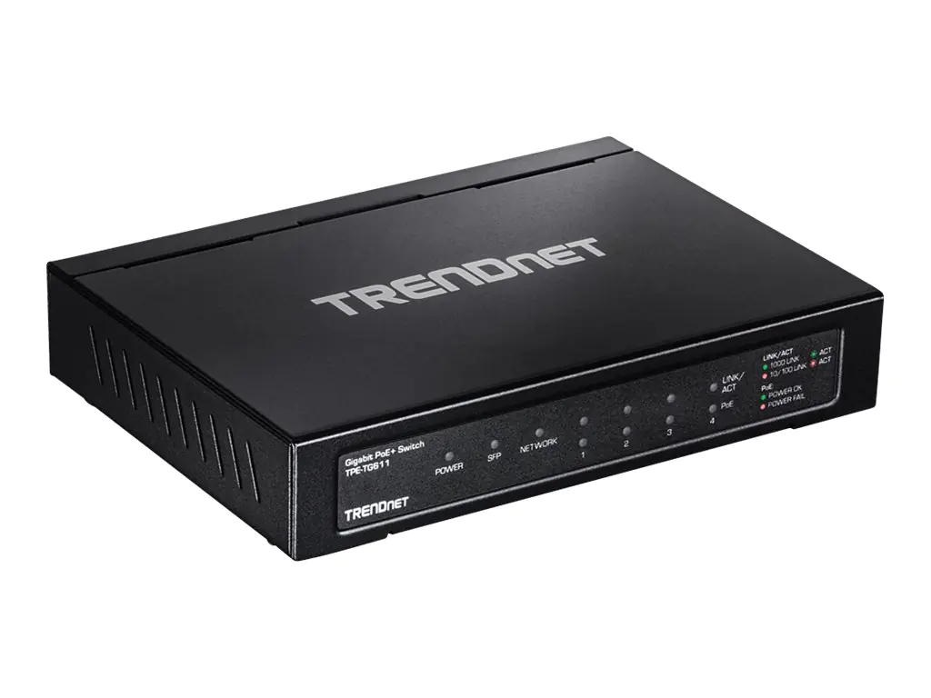 TRENDnet TPE TG611 - Switch - 4 x 10/100/1000 (PoE+) + 1 x 10/100/1000 (Uplink) + 1 x Gigabit SFP - Desktop - PoE+ (65 W) - TAA-konform