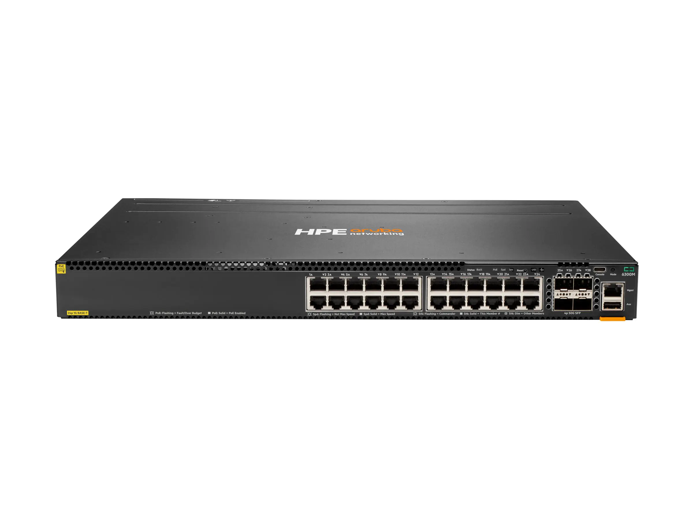 HPE Aruba 6300M - Switch - L3 - managed - 24 x 10/100/1000 (PoE+) + 4 x 1 Gigabit / 10 Gigabit / 25 Gigabit / 50 Gigabit SFP56 (Uplink / Stacking) - Front und Seite zu Hinterseite - an Rack montierbar - PoE+ (720 W)