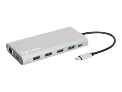 Manhattan USB-C Dock/Hub with Card Reader and MST, Ports (x10): Ethernet, 4K HDMI (X3), USB-A (x3) and USB-C (x2), With Power Delivery (100W) to 1x USB-C Port (USB-C wall charger/ cable needed) - Dockingstation - USB-C 3.2 Gen 1 - HDMI - 1GbE
