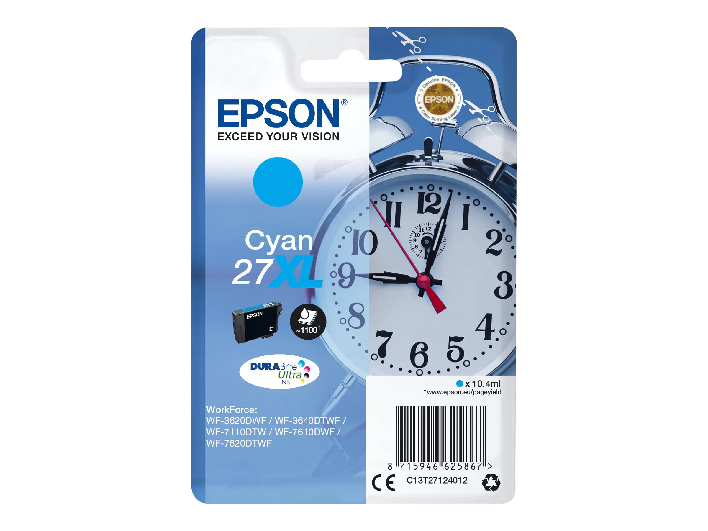 Epson Tinte C13T27124022 27XL Cyan 1.100 Seiten 10,4 ml Große Füllmenge 1 Stück