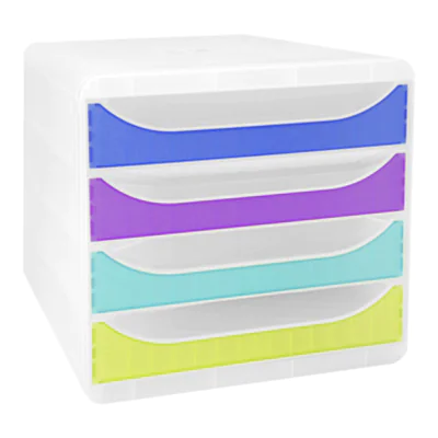 Exacompta Schubladenbox BIG-BOX 4 Schubladen DIN A4, Überbreite Polystyrol Gehäusefarbe: transluzent Farbe der Schublade: mehrfarbig