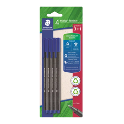 STAEDTLER Triplus, Blau, Fein, Blau, Grau, Polypropylen (PP), Recycelbarer Kunststoff, Dreieck, Tinte auf Wasserbasis 334 R-3BK4