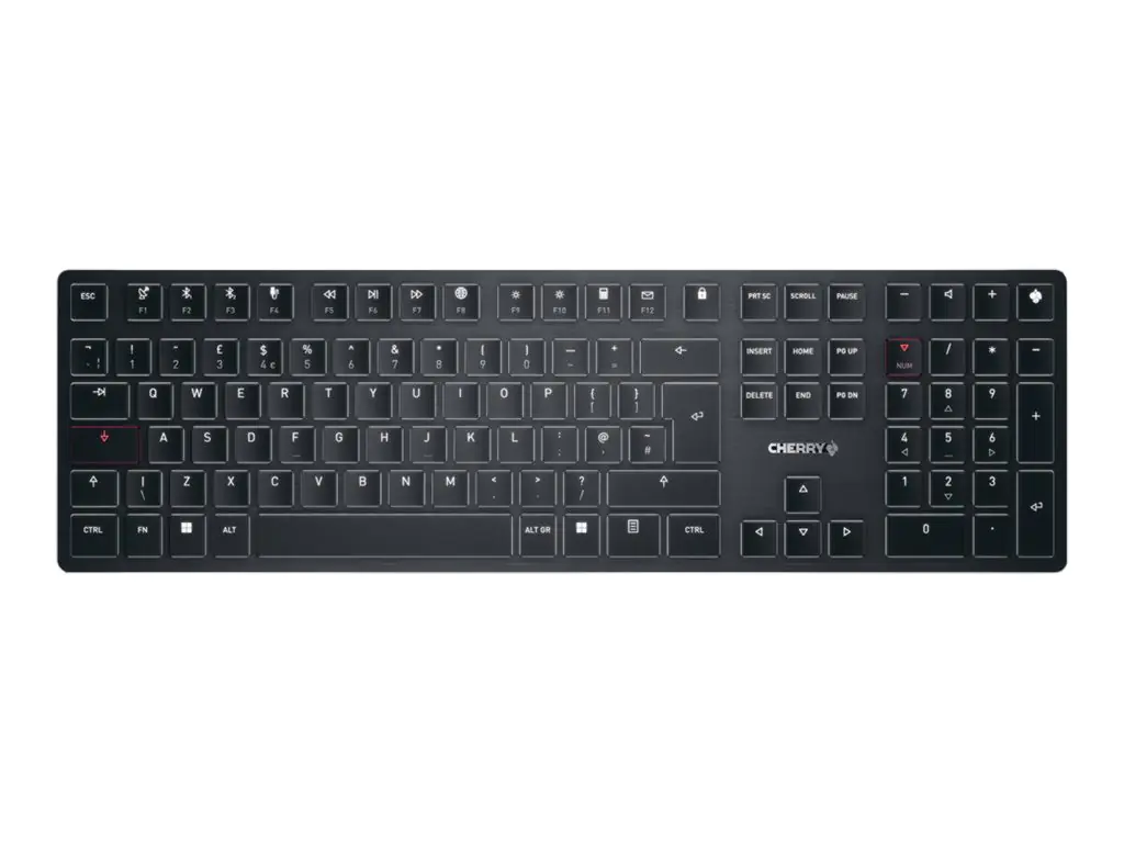 CHERRY KW X ULP - Tastatur - hintergrundbeleuchtet - kabellos - USB, 2.4 GHz, Bluetooth 5.2 - QWERTY - GB - Tastenschalter: CHERRY MX Ultra Low Profile - Schwarz - plastikfreie Verpackung