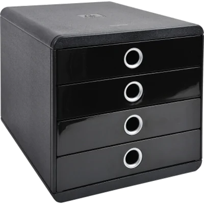 Exacompta Schubladenbox POP-BOX 4 Schubladen DIN A4, Überbreite Polystyrol Gehäusefarbe: schwarz Farbe der Schublade: schwarz glossy/silber
