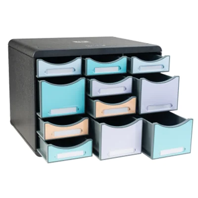 Exacompta Schubladenbox STORE-BOX Multi 11 Schubladen Polystyrol Gehäusefarbe: schwarz Farbe der Schublade: schwarz/pastellfarbig