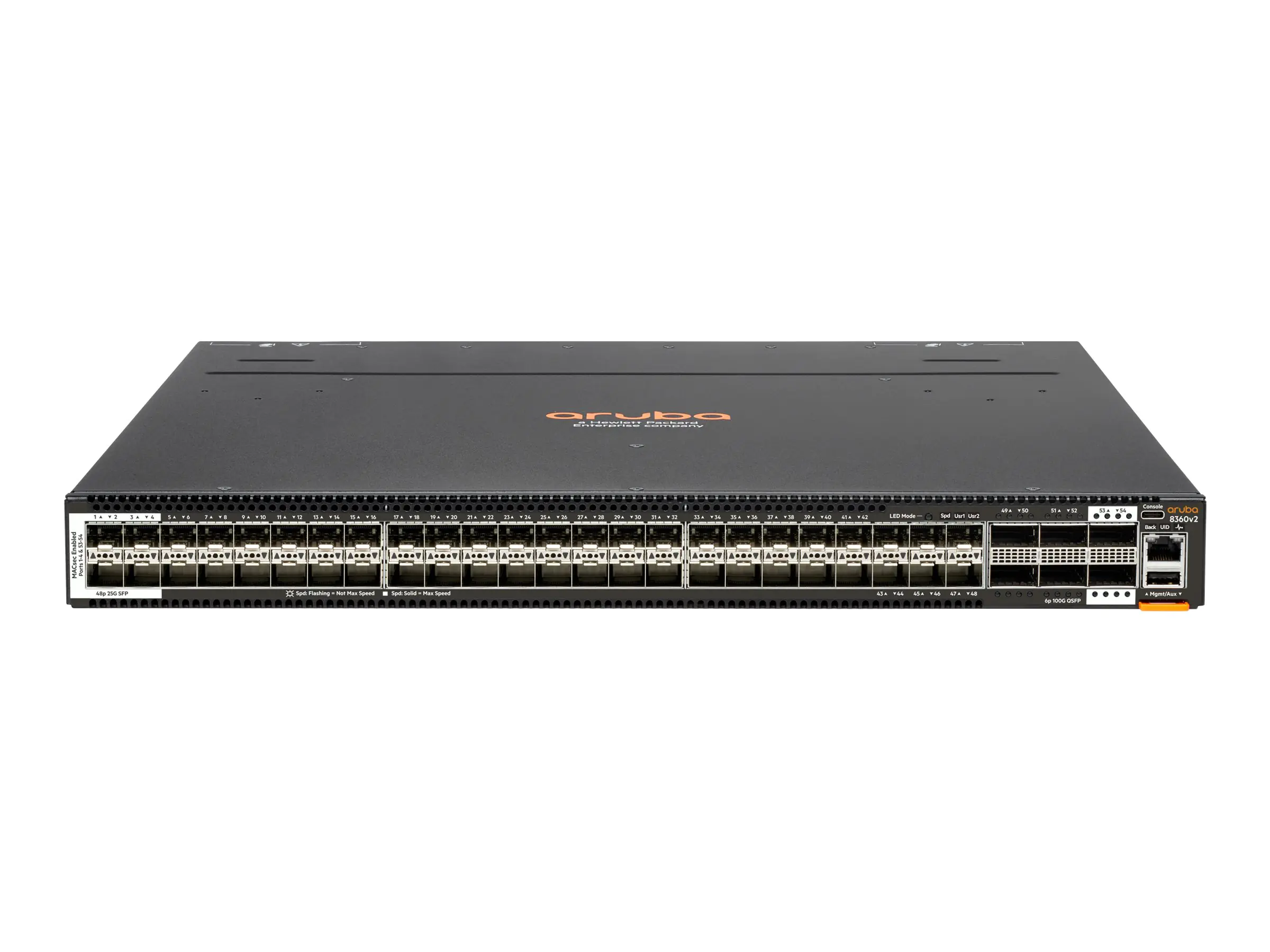 HPE Aruba CX 8360-48Y6C v2 - Switch - L3 - managed - 44 x 1/10/25 Gigabit SFP / SFP+ / SFP28 + 4 x 10 Gigabit / 25 Gigabit SFP+ / SFP28 + 4 x 40/100 Gigabit QSFP+ / QSFP28 + 2 x 40/100 Gigabit QSFP+ / QSFP28 - Luftstrom von hinten nach vorne - an Rack mon
