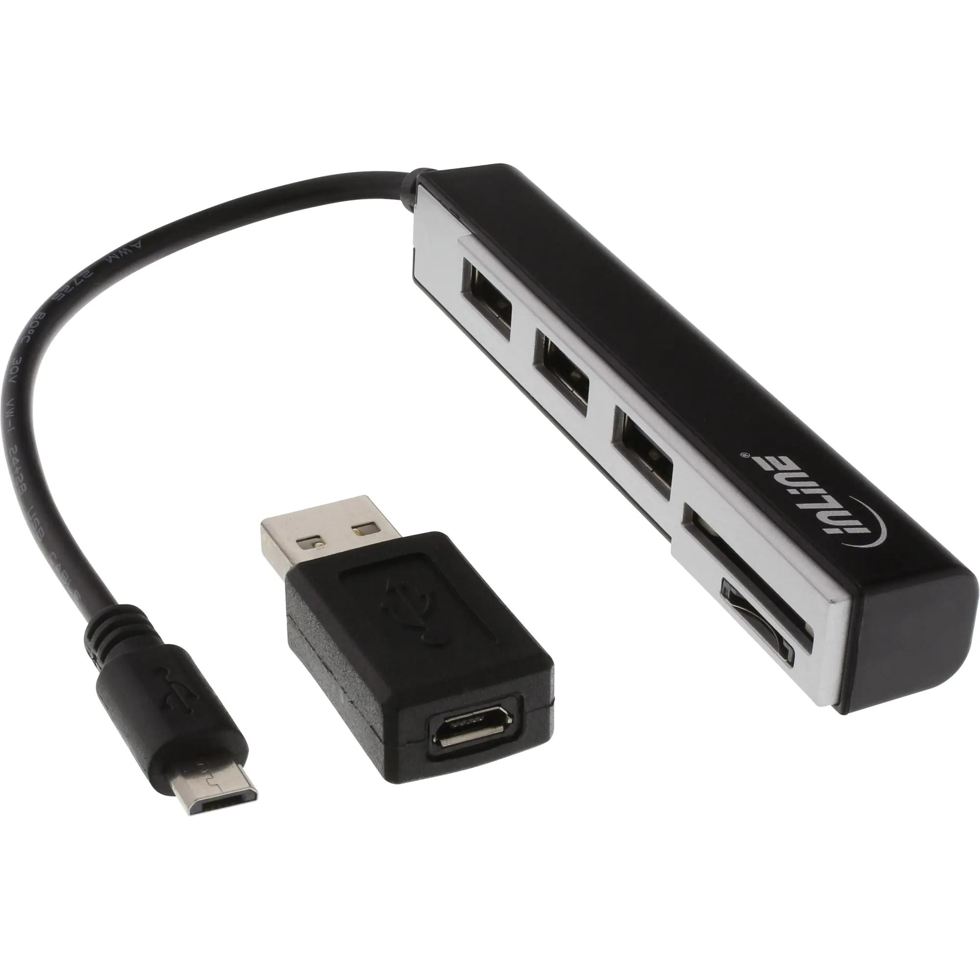 InLine OTG Cardreader with 3 Port USB Hub - Kartenadapter (SD, miniSD, SDHC, microSDHC, SDXC, miniSDXC) - micro USB 2.0