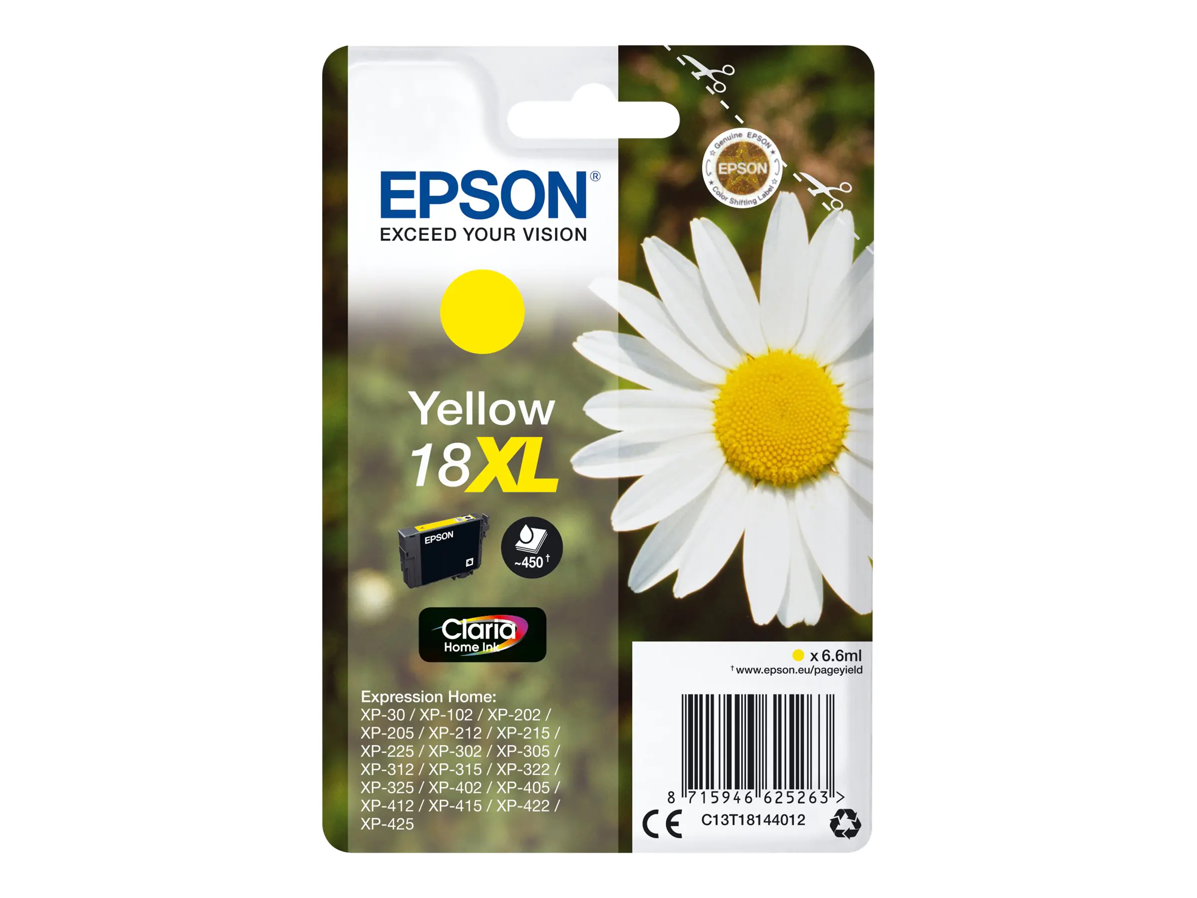 Epson 18XL - 6.6 ml - XL - Gelb - Original - Tintenpatrone - für Expression Home XP-212, 215, 225, 312, 315, 322, 325, 412, 415, 422, 425