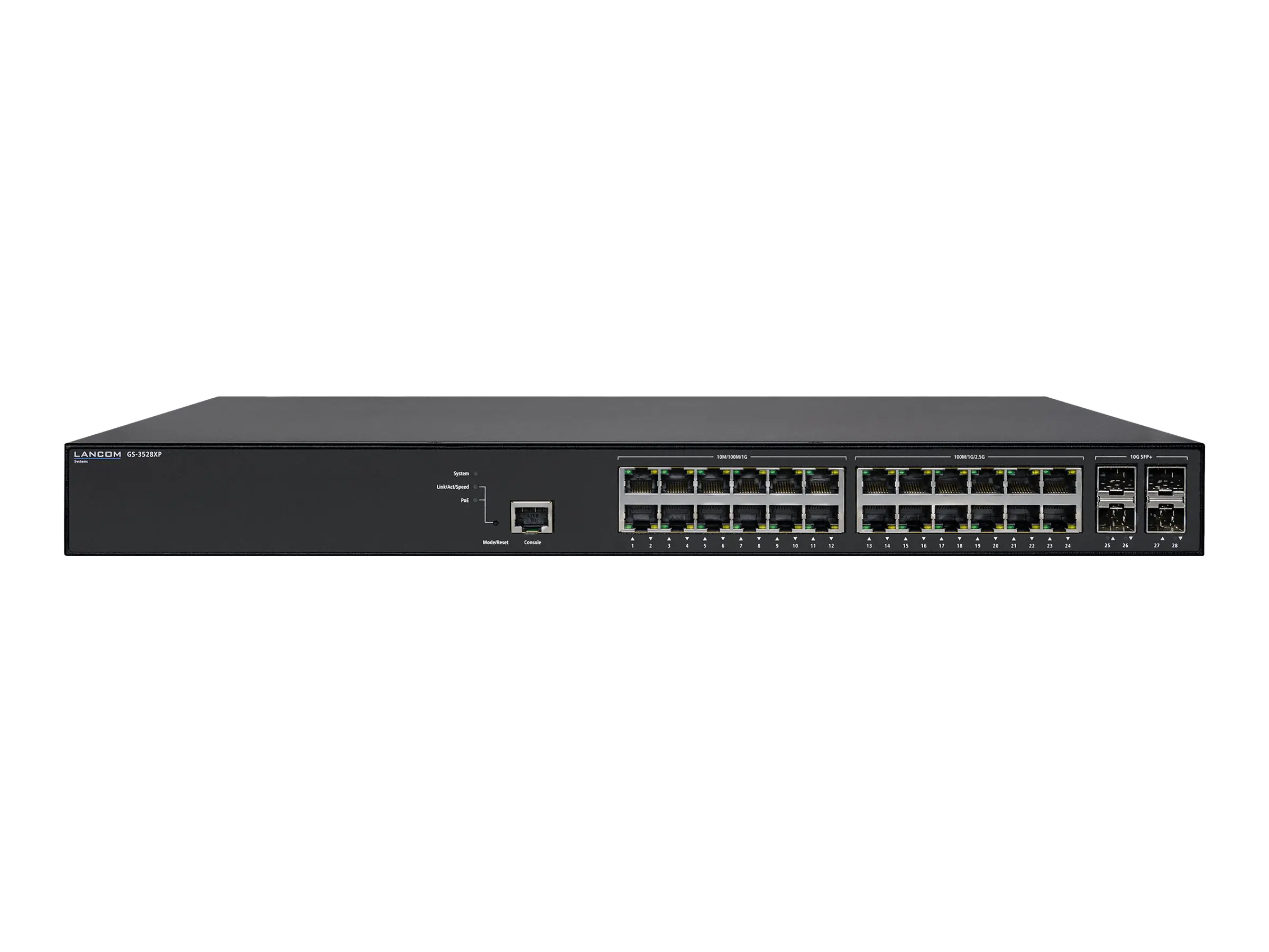 LANCOM GS-3528XP - Switch - L3 Lite - managed - 12 x 10/100/1000 (PoE+) + 12 x 100/1000/2.5G (PoE+) + 4 x 10 Gigabit SFP+ - Desktop, an Rack montierbar - PoE+ (370 W)