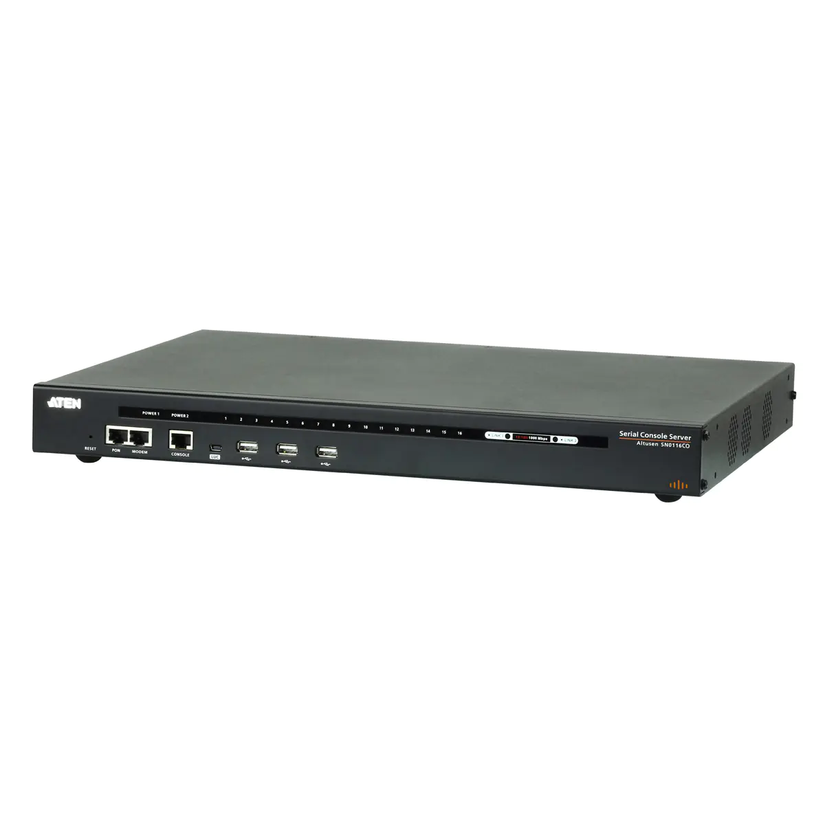 ATEN 16-Port Serieller Konsolen Server mit Dual-Strom/LAN, Schwarz, RJ-45/Mini-USB, 329,8 x 437,2 x 44 mm, 5,29 kg, 130 mm, 453 mm SN0116CO-AX-G