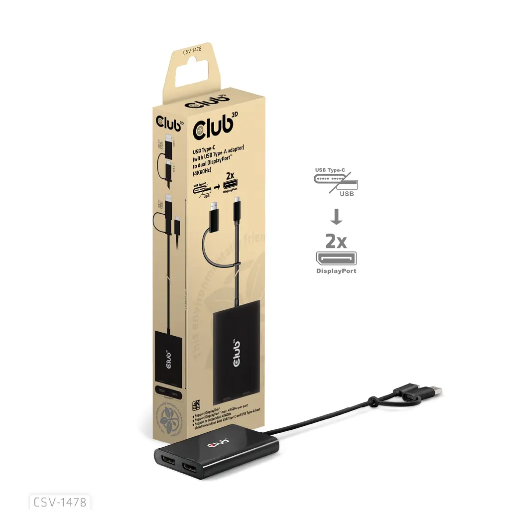 Club 3D - Videoadapter - 24 pin USB-C, USB Typ A (M) zu DisplayPort (W) - Support von 4K 60 Hz