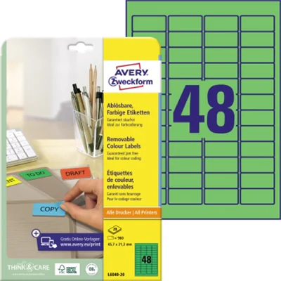 Avery Zweckform Avery Farbige Etiketten, grün, 45,7 x 21,2 mm, wiederablösbar, Grün, Selbstklebendes Druckeretikett, A4, Papier, Laser/Inkjet, Entfernbar L6040-20