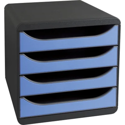 Exacompta Schubladenbox BIG-BOX 4 Schubladen DIN A4, Überbreite Polystyrol Gehäusefarbe: schwarz Farbe der Schublade: eisblau