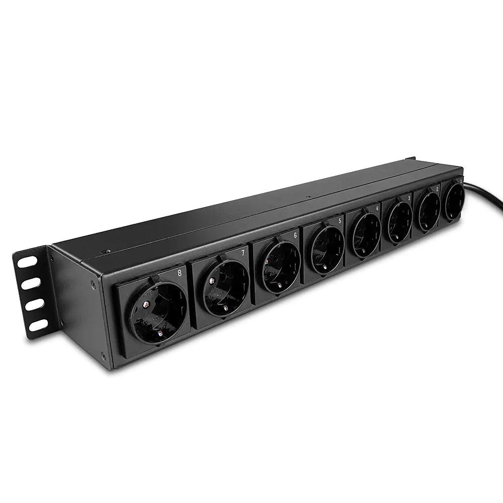 Lindy - Steckdosenleiste (Rack - einbaufähig) - Schuko-Steckdosen, horizontal, mit Schalter - Wechselstrom 250 V - 3500 Watt - Eingabe, Eingang CEE 7/4 - Ausgangsanschlüsse: 8 (power CEE 7/3) - 1.5U - 48.3 cm (19") - 2 m Schnur - Schwarz