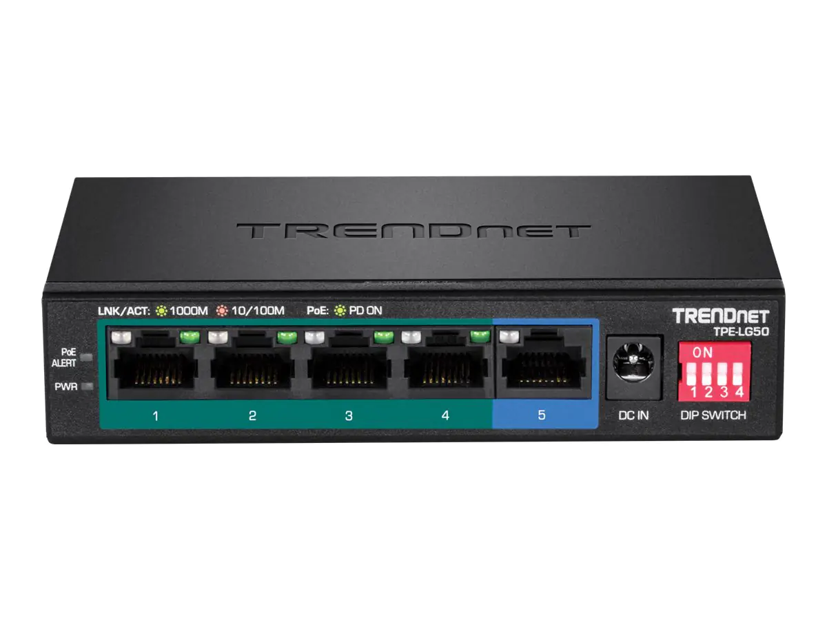 Trendnet TPE LG50 - Switch - unmanaged - 4 x 10/100/1000 (PoE+) + 1 x 10/100/1000 - Desktop - PoE+ (32 W) - TAA-konform