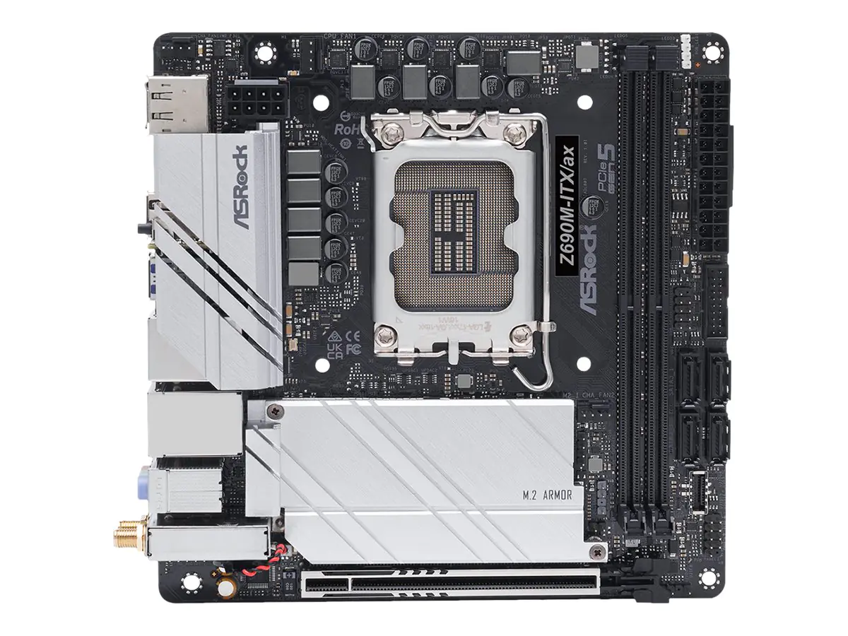 ASRock Z690M-ITX/AX - Motherboard - Mini-ITX - LGA1700-Sockel - Z690 Chipsatz - USB 3.2 Gen 1, USB 3.2 Gen 2, USB-C Gen 2x2 - Bluetooth, Gigabit LAN, 2.5 Gigabit LAN, Wi-Fi 6 - Onboard-Grafik (CPU erforderlich) - HD Audio (8-Kanal)