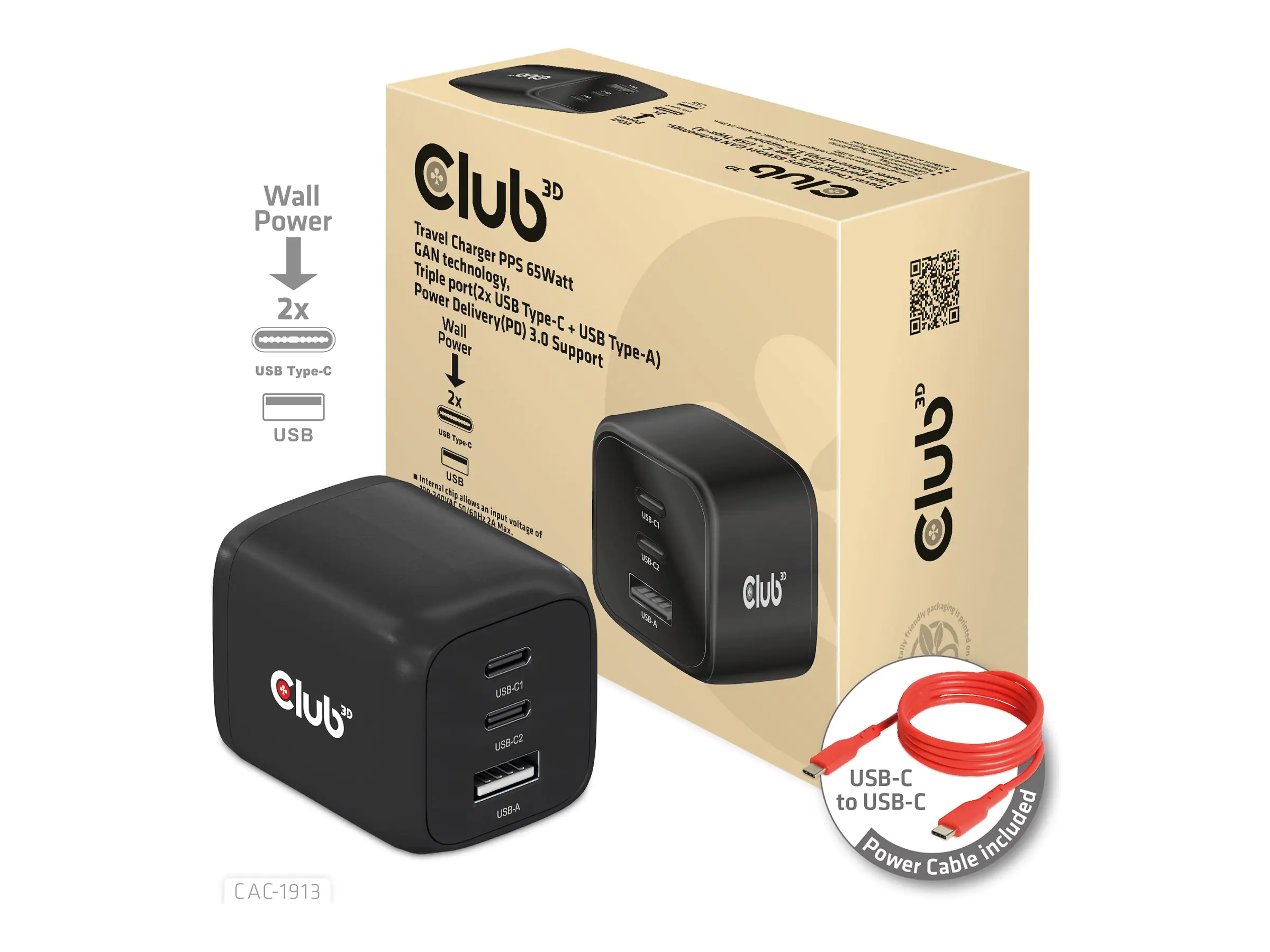 Club 3D CAC-1913 - Netzteil - GaN Technology, Triple Port - 65 Watt - 5 A - PD 3.0, PD/PPS - 3 Ausgabeanschlussstellen (USB Typ A, 2 x USB-C) - auf Kabel: USB-C - Europa