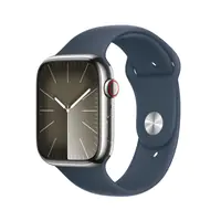 Apple Watch Series 9 (GPS + Cellular) - 45 mm - Silver Edelstahl - intelligente Uhr mit Sportband - Flouroelastomer - Storm Blue - Bandgröße: S/M - 64 GB - Wi-Fi, Bluetooth, UWB, LTE - 4G - 51.5 g