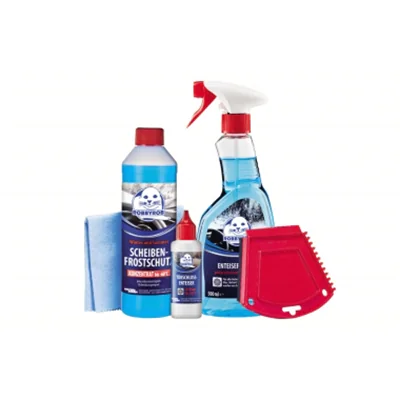 Robbyrob KFZ-Winterset Scheibenfrostschutz bis -60 °C 500 ml, Scheibenenteiserspray 500 ml, Türschloss-Enteiser 50 ml, Klarsichttuch, Eiskratzer