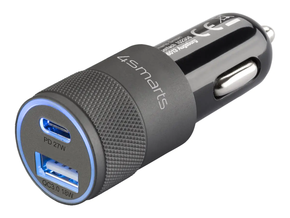 4smarts Rapid+ - Auto-Netzteil - 27 Watt - 3 A - PD, QC 3.0 - 2 Ausgabeanschlussstellen (USB, 24 pin USB-C) - Grau, Schwarz