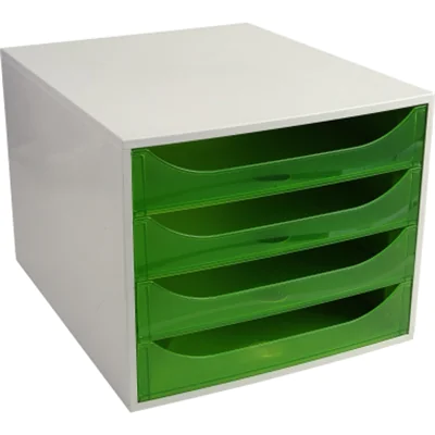 Exacompta Schubladenbox ECOBOX 4 Schubladen DIN A4, Überbreite Polystyrol Gehäusefarbe: grau Farbe der Schublade: apfelgrün transluzent