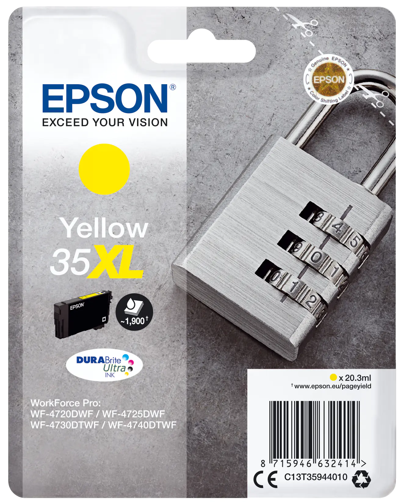 Epson 35XL - 20.3 ml - XL - Gelb - Original - Blisterverpackung - Tintenpatrone - für WorkForce Pro WF-4720, WF-4720DWF, WF-4725DWF, WF-4730, WF-4730DTWF, WF-4740, WF-4740DTWF