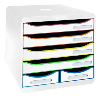 Exacompta Schubladenbox BIG-BOX Maxi 6 Schubladen DIN A4, Überbreite Polystyrol Gehäusefarbe: weiß Farbe der Schublade: weiß/harlekin