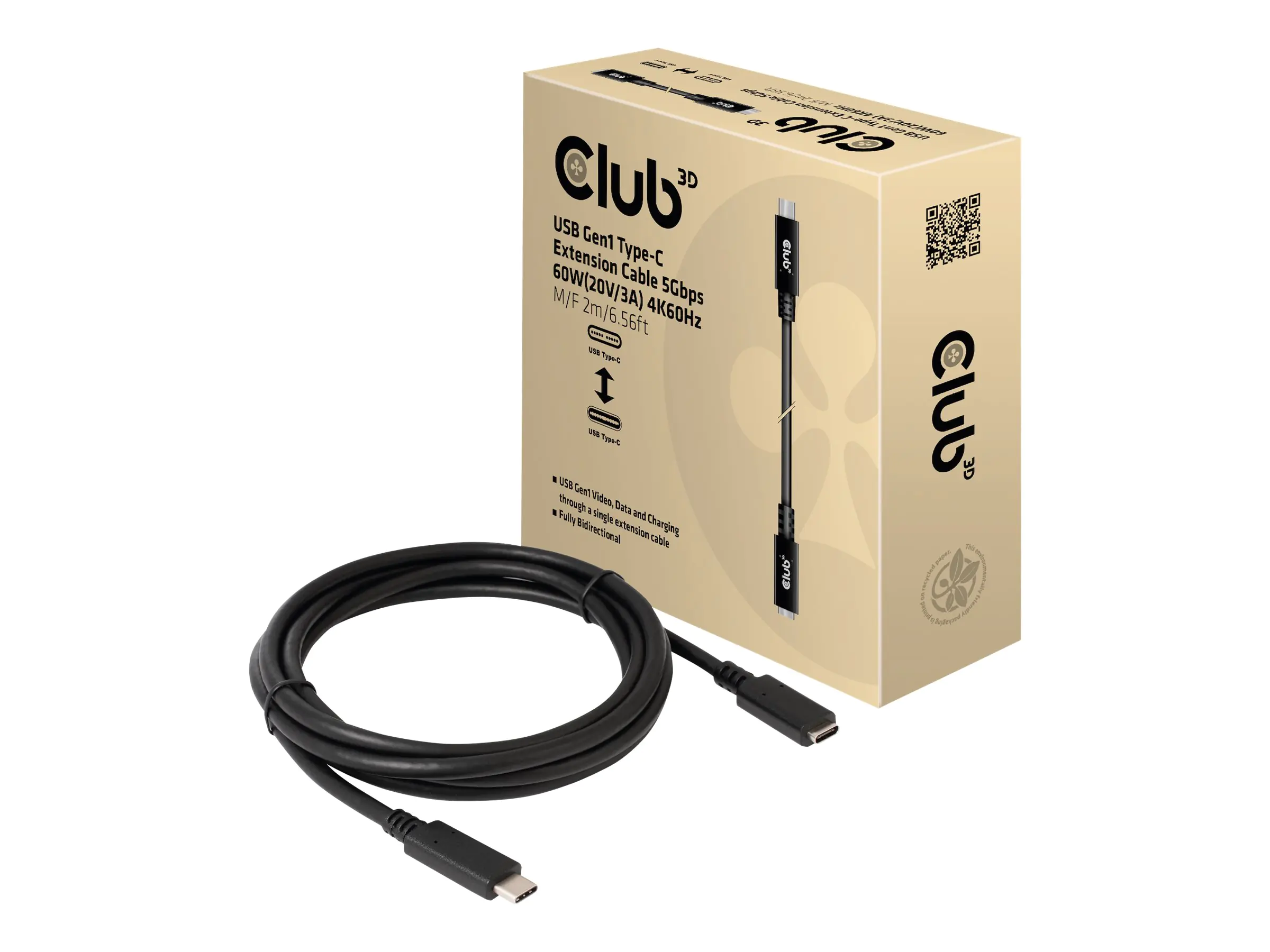 Club 3D CAC-1529 - USB-Verlängerungskabel - 24 pin USB-C (M) zu 24 pin USB-C (W) - 20 V - 3 A - 2 m - Support von 4K 60 Hz, bi-direktional